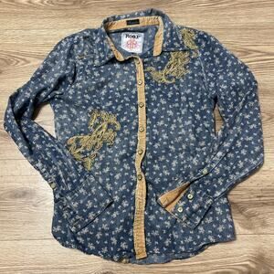 Roar Men’s Blue Gold Long Sleeve Rhinestone Embroidered Y2K Size Large (A31)